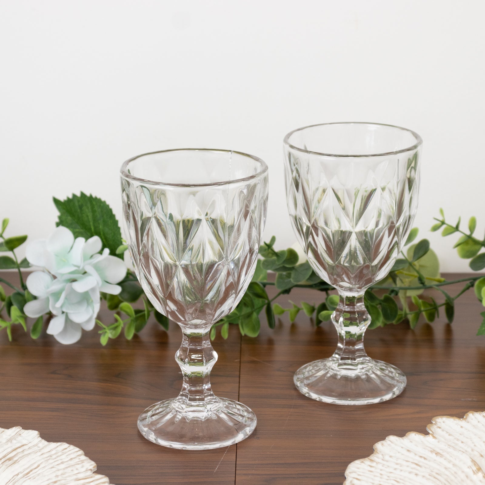 6-Pack Crystal Cut Wine Glasses 12oz Embossed Design Stemmed Clear 7" - Goblets for Cocktails & Drinks