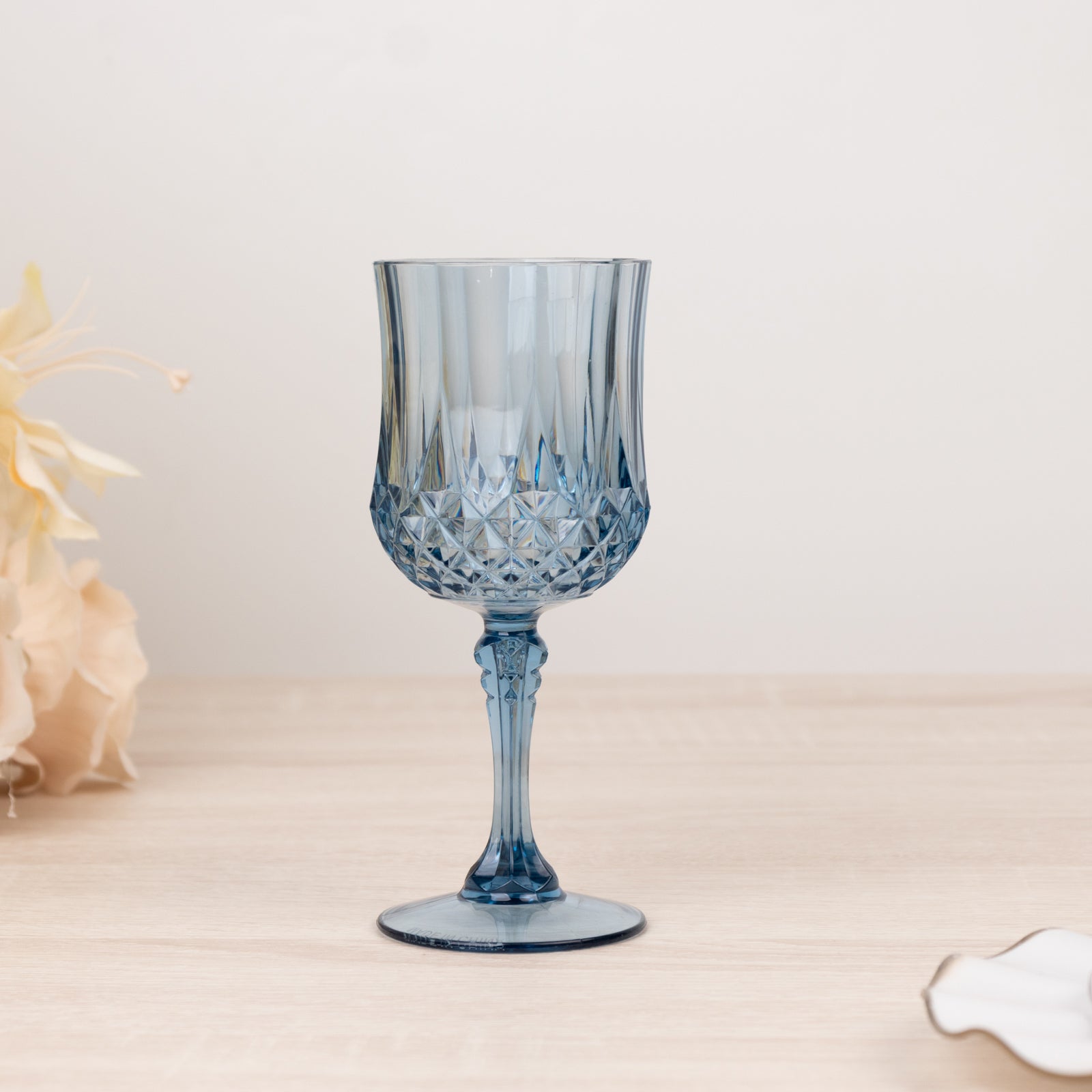 6-Pack Transparent Plastic Crystal Cut Wine Glasses 8oz, Dusty Blue - Shatterproof Cocktail Goblets