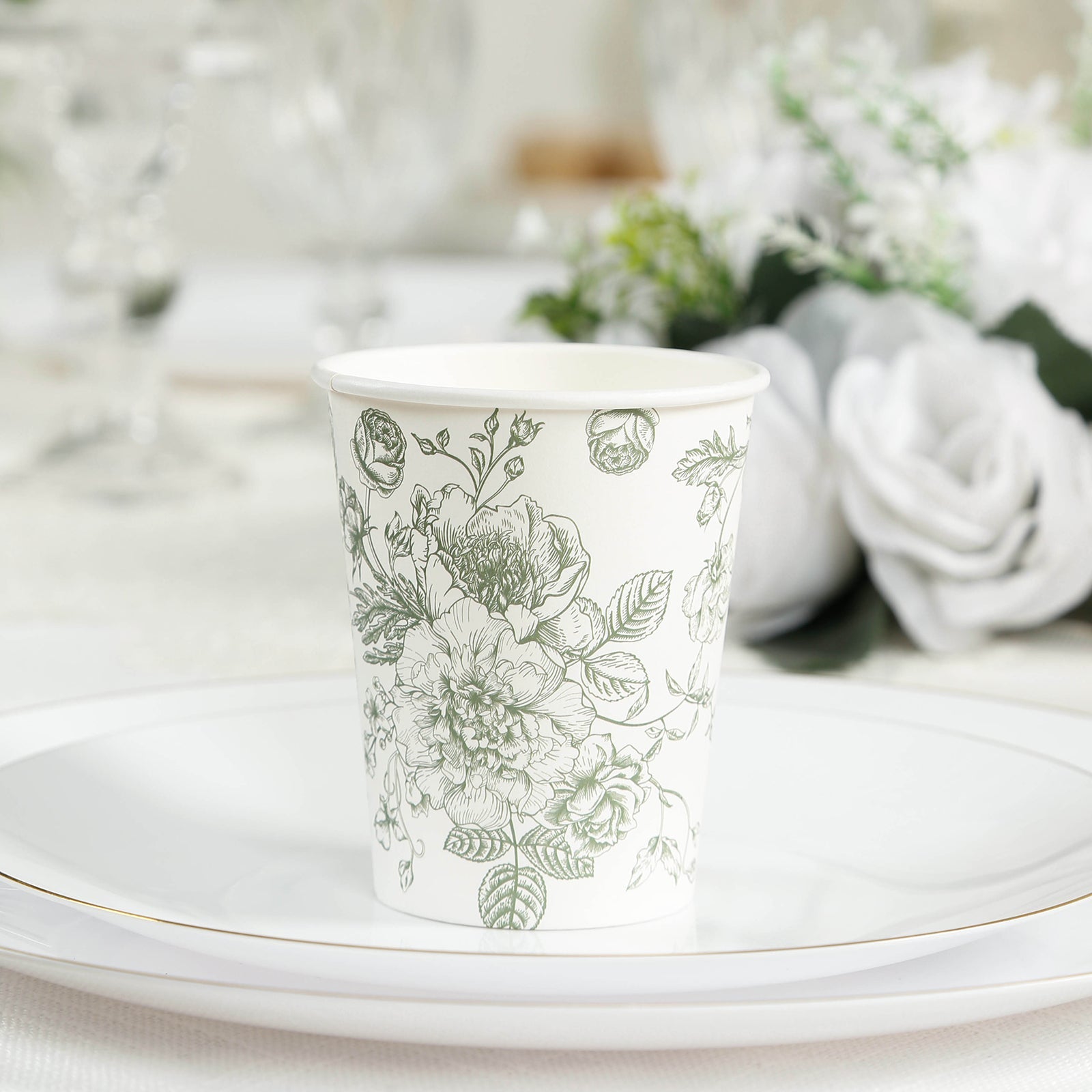 50-Pack Paper Cups 9oz White with Sage Green French Toile Print - Chic Disposable Floral Party Cups for Hot & Cold Beverages